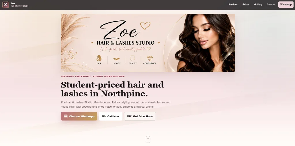 MiniPage business website for Zoe Hair & Lashes