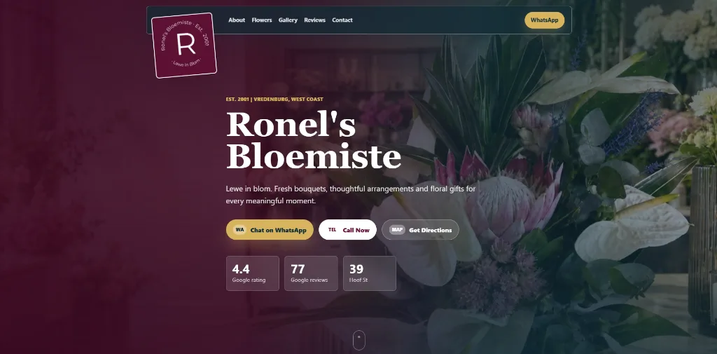 MiniPage business website for Ronel's Bloemiste
